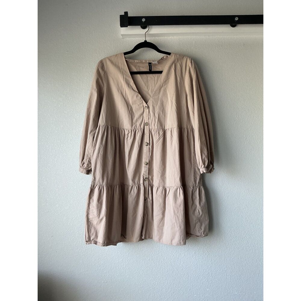 Beige Tiered Babydoll Mini Dress Size L Button Front Puff Sleeve Cottagecore